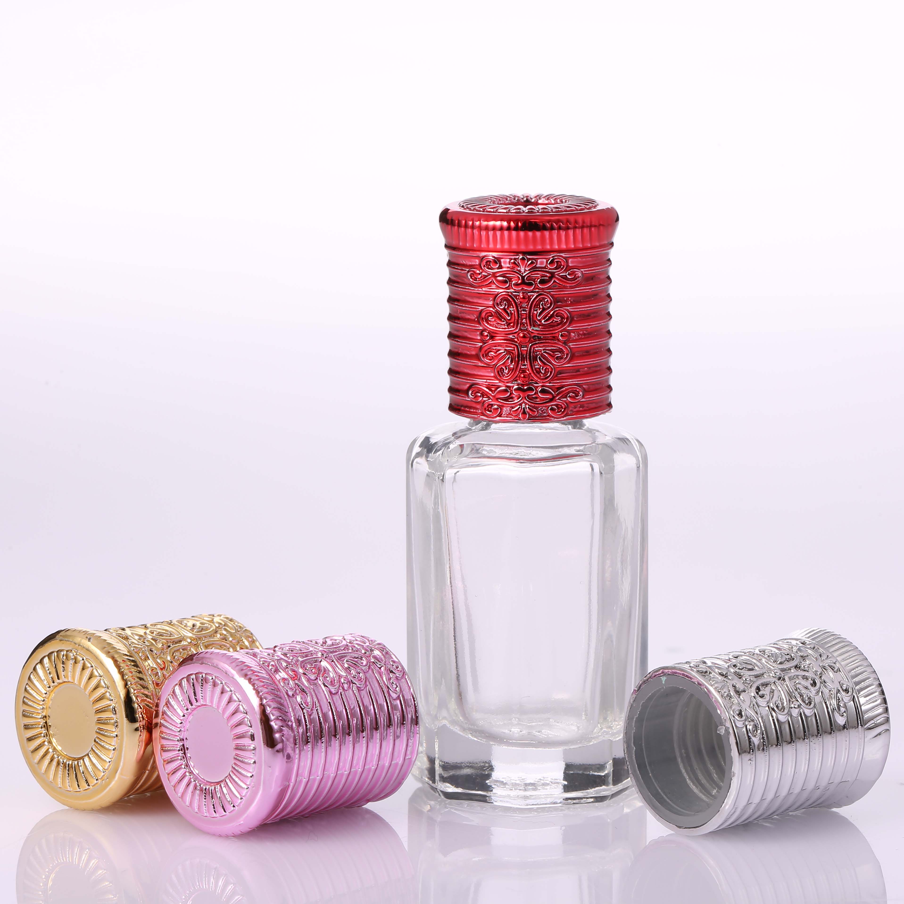 MUB 3ml/6ml/10ml/ 12ml Latest Octagonal Attar Empty Glass Bottle Luxury Fancy Roll On Essential oil Bottle Metal Cap