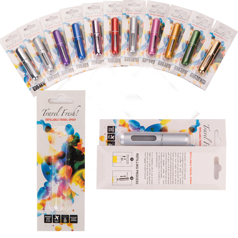 MUB 5ml  travel refillable aluminum pocket size perfume atomizer spray bottles for perfume with blister card packaging