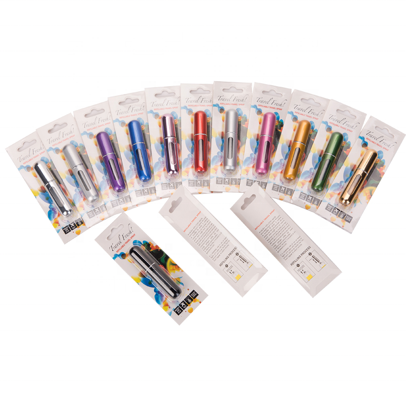 MUB 5ml travel refillable aluminum pocket size perfume atomizer spray bottles for perfume with blister card packaging
