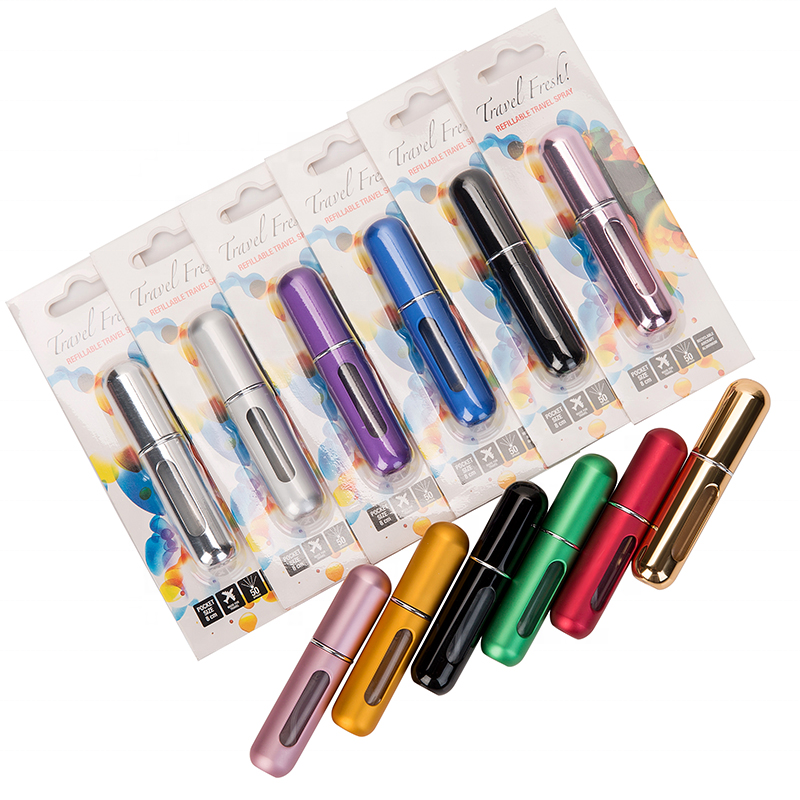 MUB 5ml travel refillable aluminum pocket size perfume atomizer spray bottles for perfume with blister card packaging