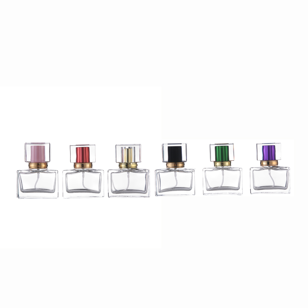 MUB High Quality 30ml Clear Glass Spray Bottles Empty Rectangular Refillable Perfume Glass Bottles With 6 Colors Acrylic Caps