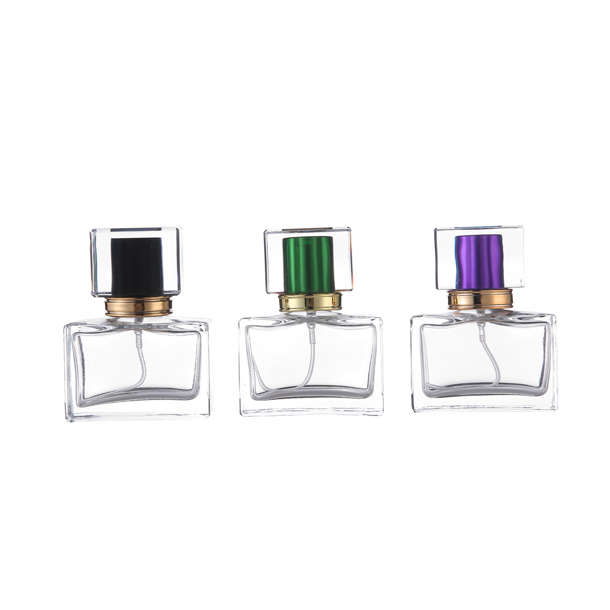 MUB High Quality 30ml Clear Glass Spray Bottles Empty Rectangular Refillable Perfume Glass Bottles With 6 Colors Acrylic Caps