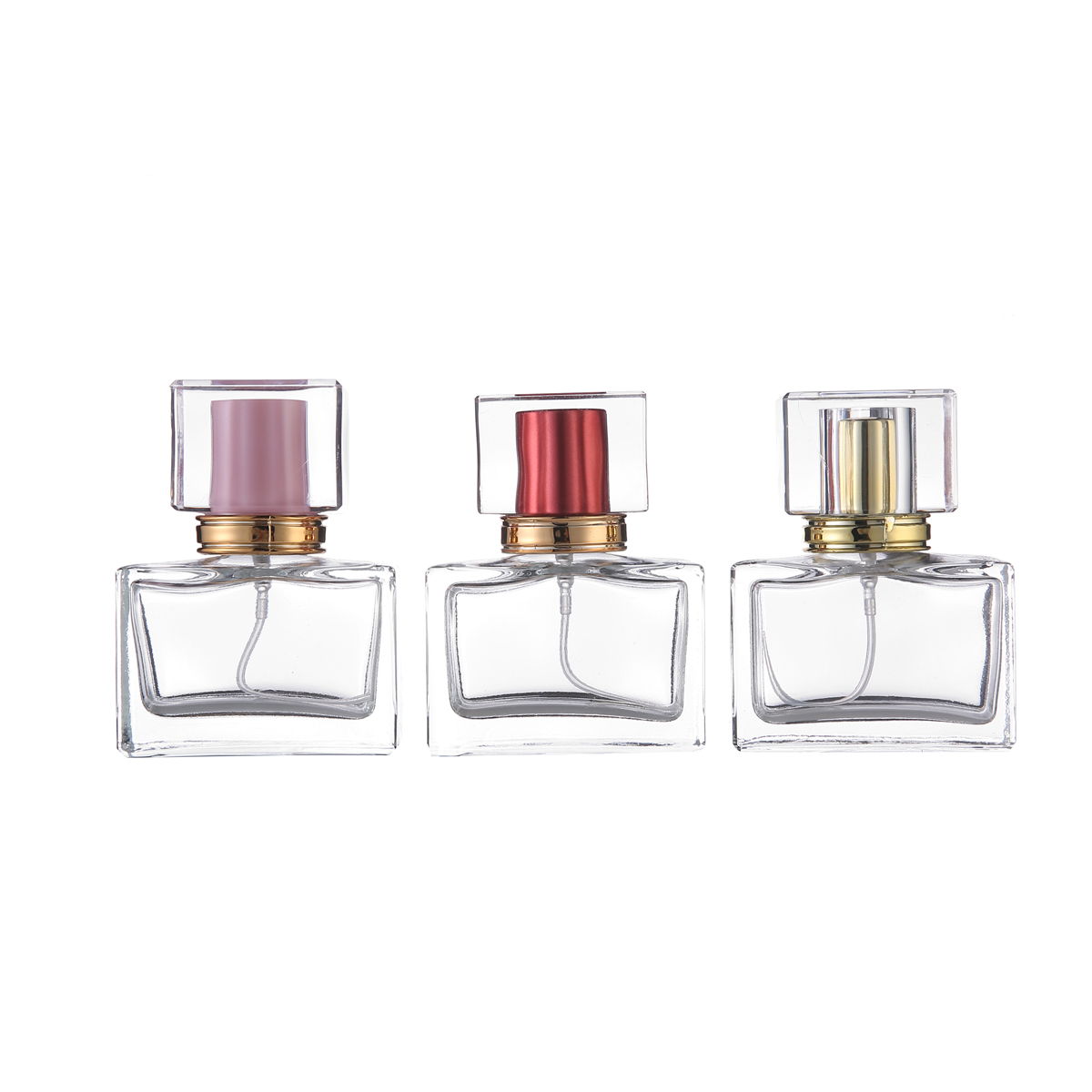 MUB High Quality 30ml Clear Glass Spray Bottles Empty Rectangular Refillable Perfume Glass Bottles With 6 Colors Acrylic Caps