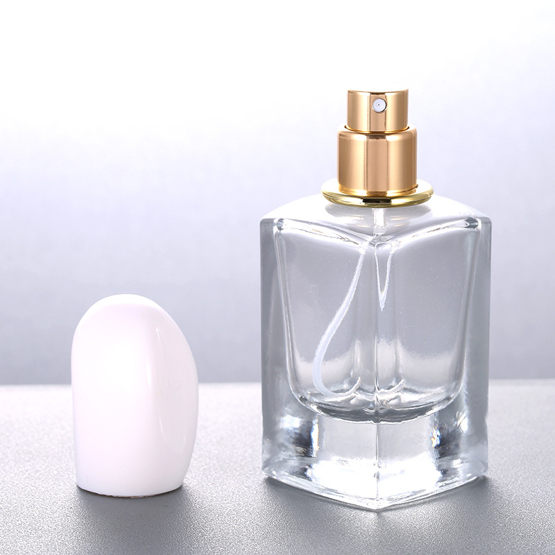 MUB High Quality 30ml Square Clear Glass Spray Bottle Empty Refillable Screw Neck Glass Perfume Bottles With Black/White Cap