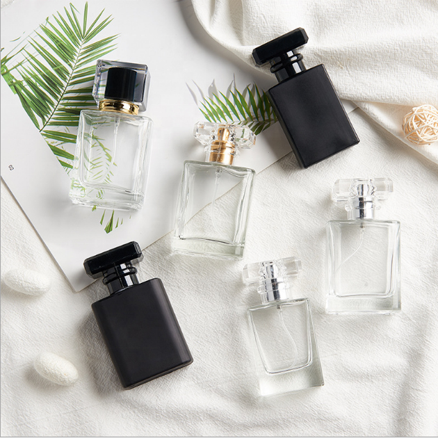 MUB High Quality Square 30ml 50ml Black / Clear glass square empty glass perfume bottle with pump spray
