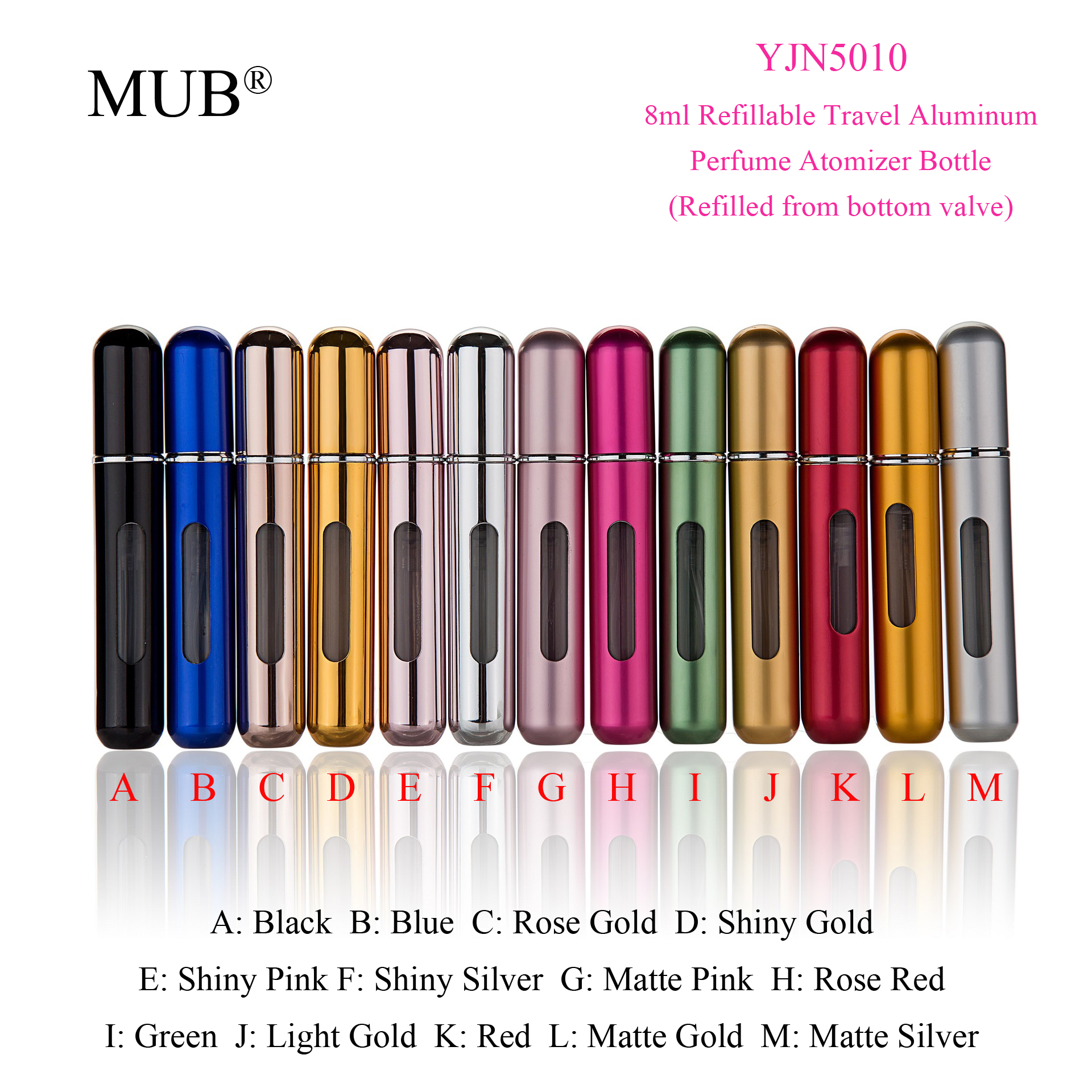 MUB Hot Selling Fancy 8ml pocket sized refillable aluminum perfume atomizer empty travel spray perfume bottle