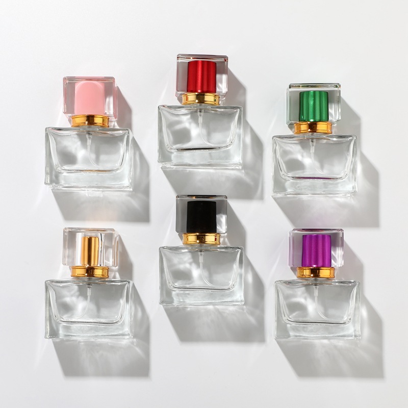 MUB Luxury Design Screw Neck Glass Spray Perfume Bottle Empty 30ml Square Shape Clear Glass Perfume Bottles With 6 Colors Caps
