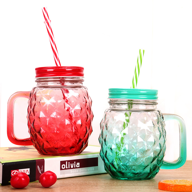 Machine made empty clear drinking glass beverage bottles 500ml wholesale 16 oz mason jars with handle and metal lid