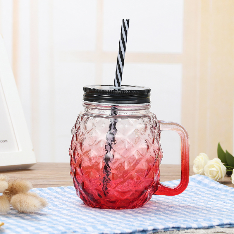 Machine made empty clear drinking glass beverage bottles 500ml wholesale 16 oz mason jars with handle and metal lid