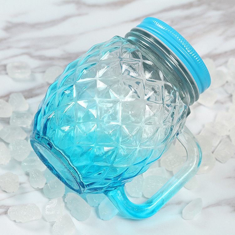 Machine made empty clear drinking glass beverage bottles 500ml wholesale 16 oz mason jars with handle and metal lid