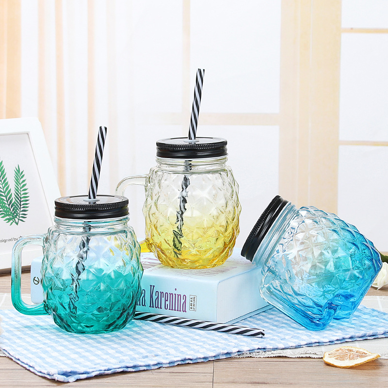 Machine made empty clear drinking glass beverage bottles 500ml wholesale 16 oz mason jars with handle and metal lid