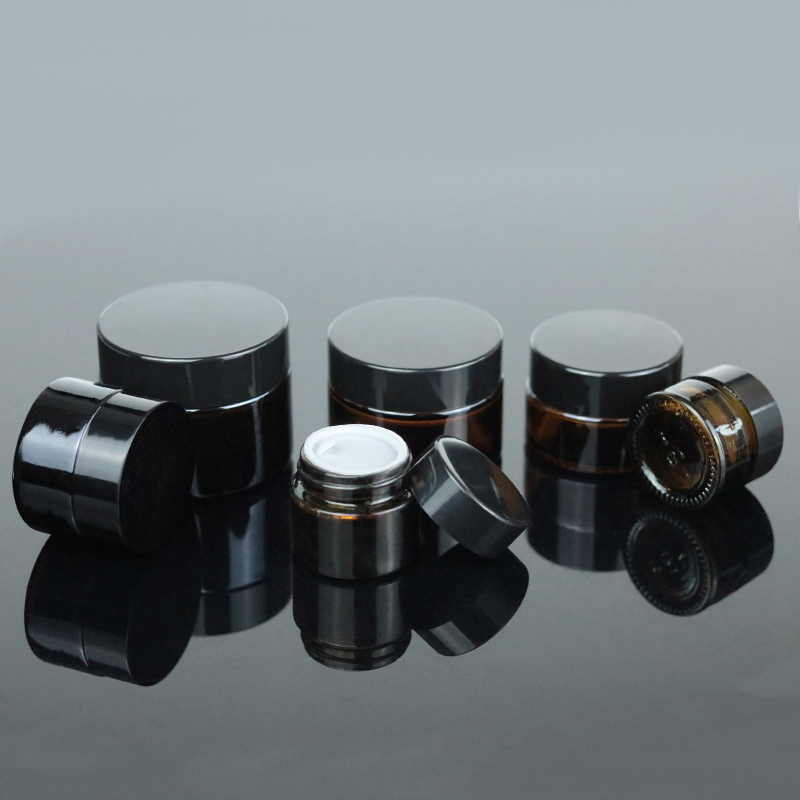 Manufacture 30g 1oz Amber Cream Round Containers Empty Cosmetic Packaging Brown Glass Jar With Black Lid (GJM10)
