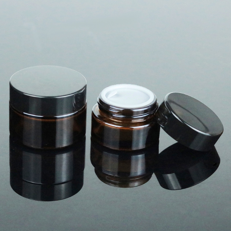 Manufacture 30g 1oz Amber Cream Round Containers Empty Cosmetic Packaging Brown Glass Jar With Black Lid (GJM10)