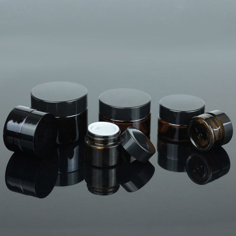 Manufacture 30g 1oz Amber Cream Round Containers Empty Cosmetic Packaging Brown Glass Jar With Black Lid (GJM10)