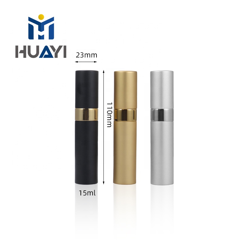Manufacture Made HUAYI Cosmetic Packaging Aluminium Outside Glass Inside Color Customized 15ml perfume atomizer bottle