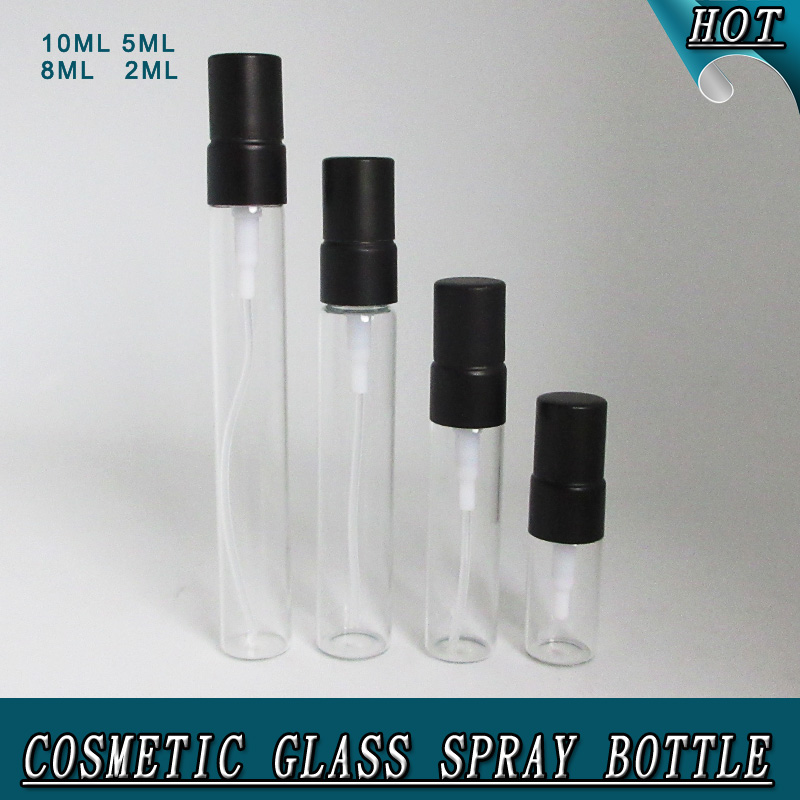 Manufacturer 2ml 5ml 8ml 10ml refillable glass perfume spray bottle vial with black fine mist sprayer for perfume tester samples
