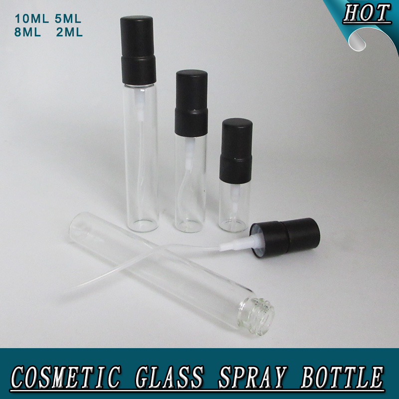 Manufacturer 2ml 5ml 8ml 10ml refillable glass perfume spray bottle vial with black fine mist sprayer for perfume tester samples
