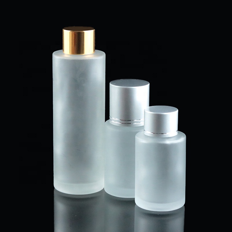 Manufacturer 30ml 50ml 60ml 80ml 100ml round flat skin toner frosted glass cosmetic bottle with screw cap and stopper (EPG31)