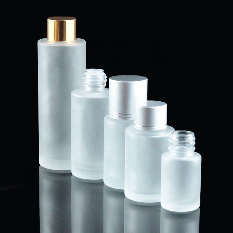 Manufacturer 30ml 50ml 60ml 80ml 100ml round flat skin toner frosted glass cosmetic bottle with screw cap and stopper (EPG31)