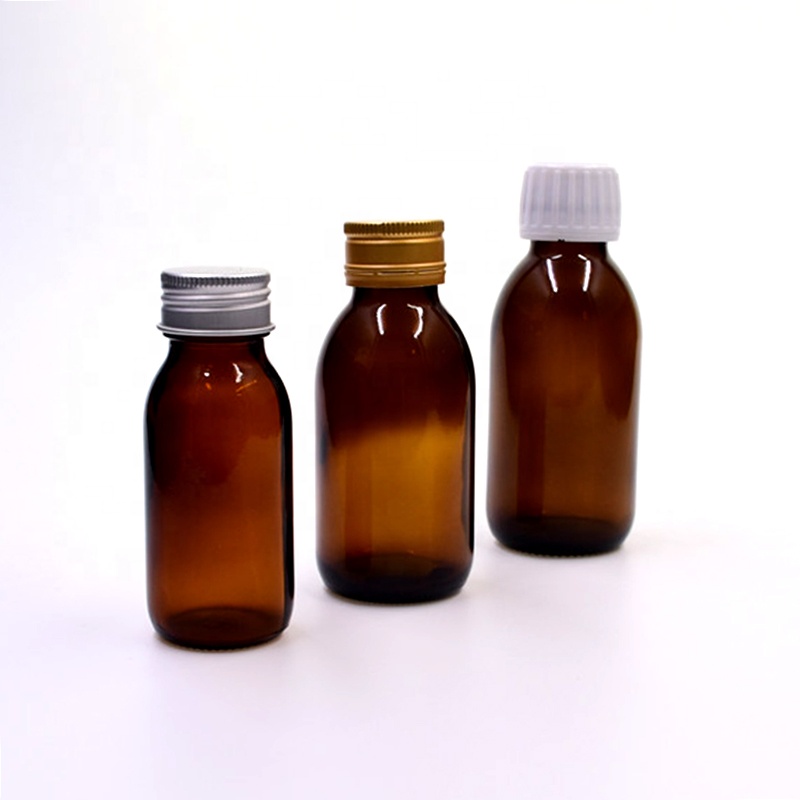Manufacturer 60ml 100ml 125ml amber round Oral liquid medicine syrup pharmaceutical glass bottles vials with metal plastic lid