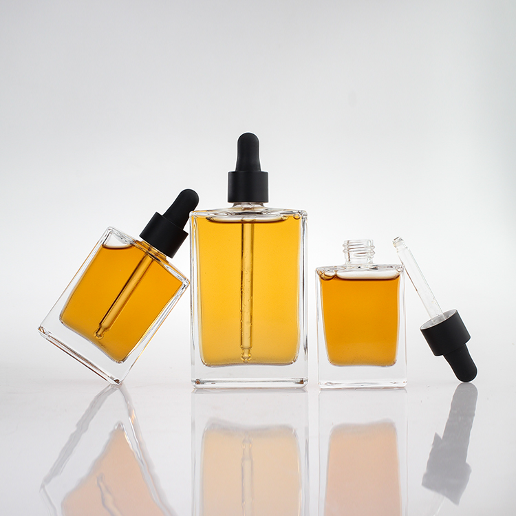 Manufacturer Free Samples Luxury Empty 30ml 50ml 100ml Square Rectangle Clear Glass Dropper Bottle With Black Lids