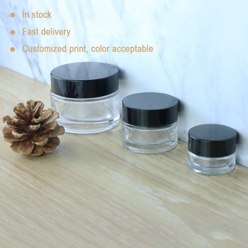 Manufacturer In Stock 5ml 15ml 30ml 50ml clear cosmetic glass cream jar with black top (GJM02)