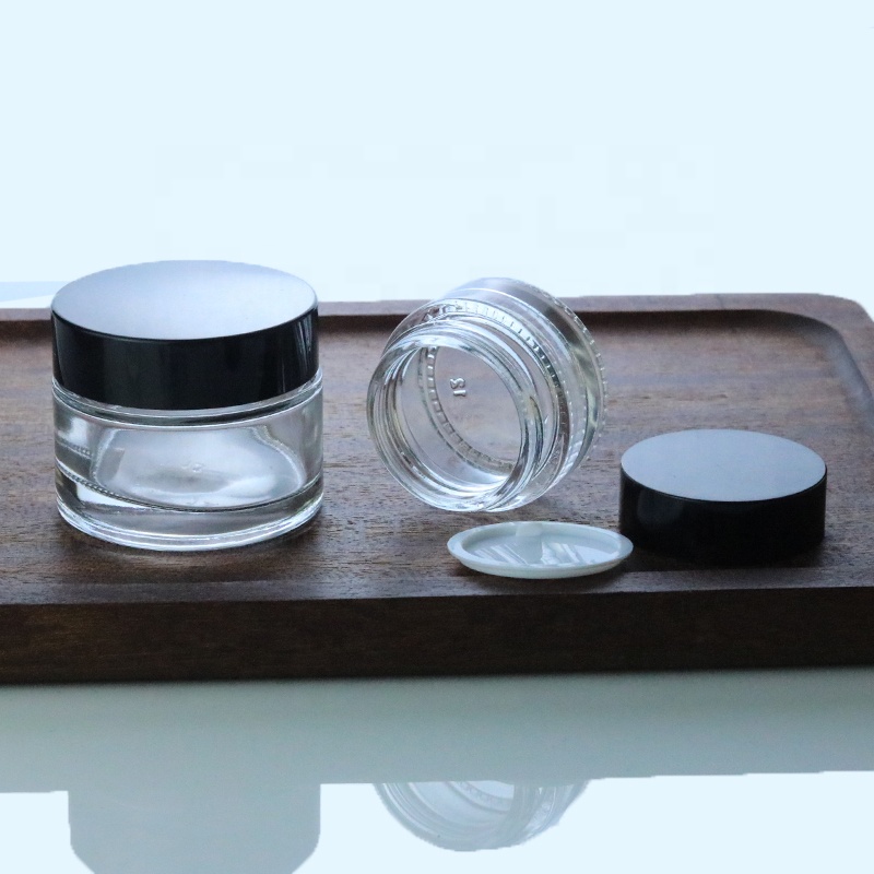 Manufacturer In Stock 5ml 15ml 30ml 50ml clear cosmetic glass cream jar with black top (GJM02)