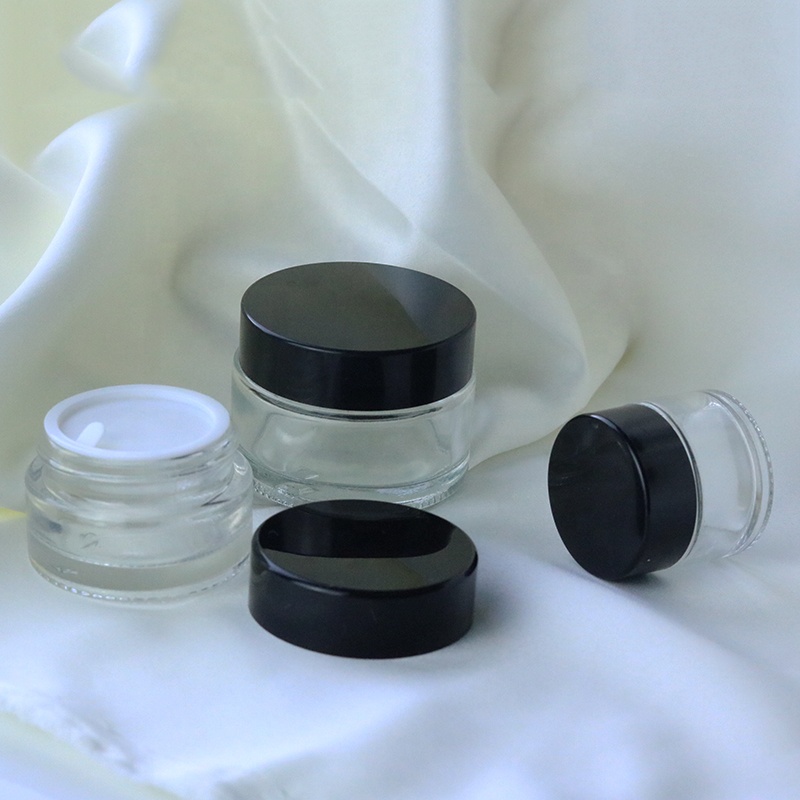 Manufacturer In Stock 5ml 15ml 30ml 50ml clear cosmetic glass cream jar with black top (GJM02)