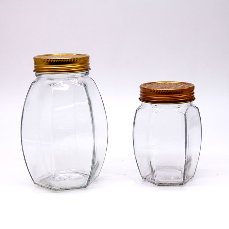 Manufacturer Unique 500G Honey Bottle Glass Hexagon Honey Jar With Aluminum Lid