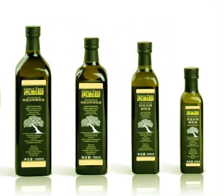 Manufacturer customized 250ml 500ml 750ml  Round Square Dark Green Olive oil Glass Bottle kitchen glass cooking olive oil bottle