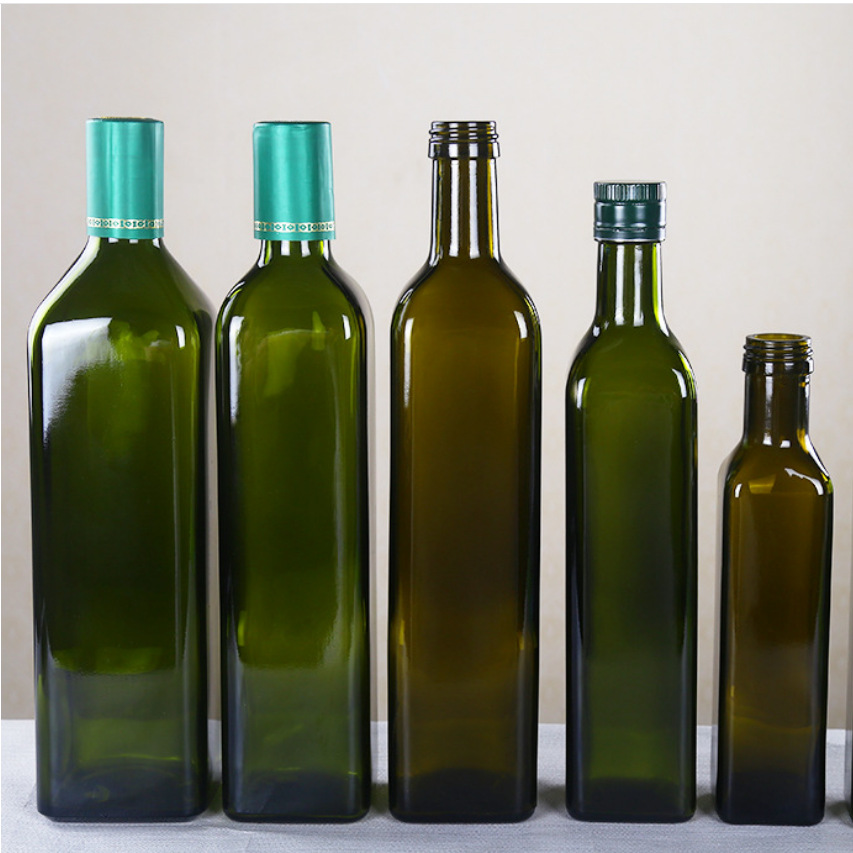 Manufacturer customized 250ml 500ml 750ml Round Square Dark Green Olive oil Glass Bottle kitchen glass cooking olive oil bottle