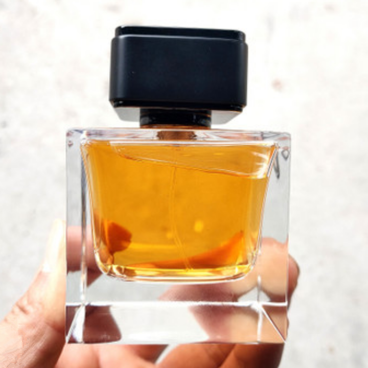 Manufacturer polishing 100ml glass perfume bottle with crimped shine silver atomizer top and heavy luxury black ABS cap