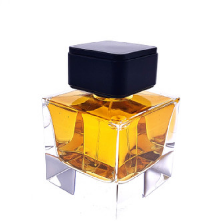 Manufacturer polishing 100ml glass perfume bottle with crimped shine silver atomizer top and heavy luxury black ABS cap