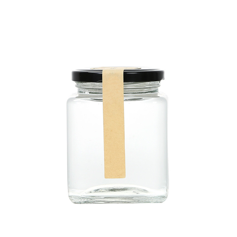 Manufacturer square glass honey bottle/jar storage jam sauce canned pickle glass jar with metal lids