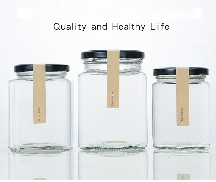 Manufacturer square glass honey bottle/jar storage jam sauce canned pickle glass jar with metal lids