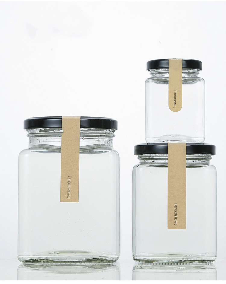Manufacturer square glass honey bottle/jar storage jam sauce canned pickle glass jar with metal lids