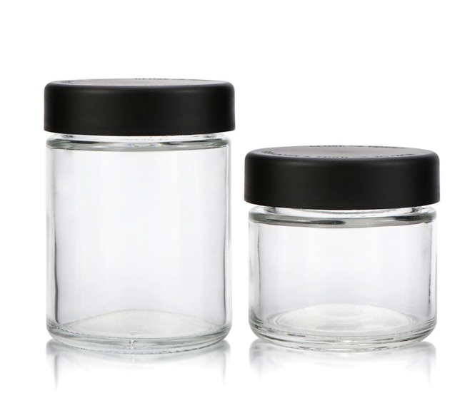Manufactures1 oz 2 oz 3 oz 4 oz glass container childproof cap hemp packaging glass jars with black plastic lids for hemp