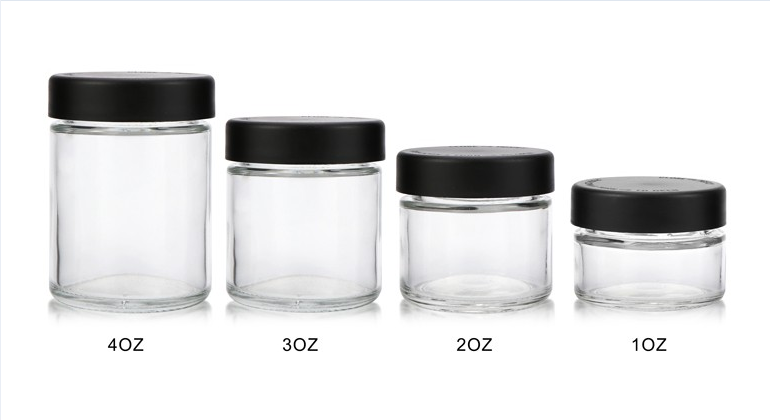 Manufactures1 oz 2 oz 3 oz 4 oz glass container childproof cap hemp packaging glass jars with black plastic lids for hemp