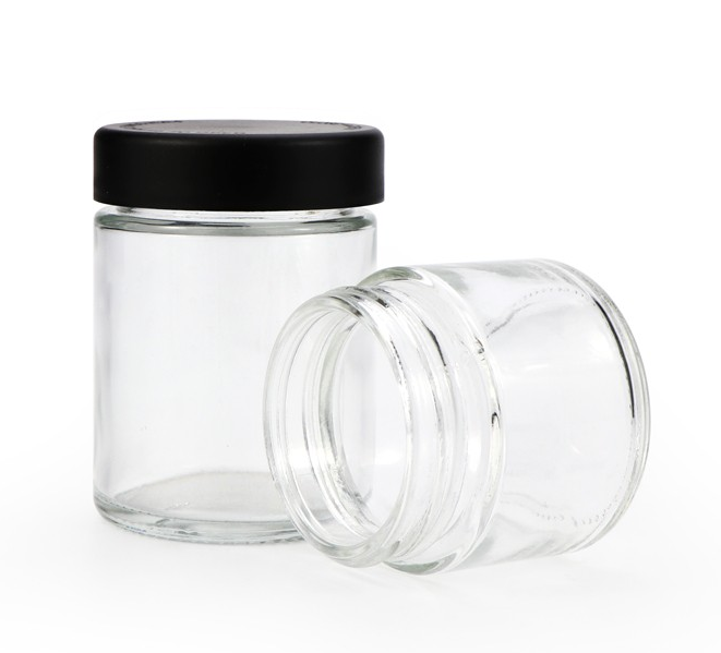 Manufactures1 oz 2 oz 3 oz 4 oz glass container childproof cap hemp packaging glass jars with black plastic lids for hemp