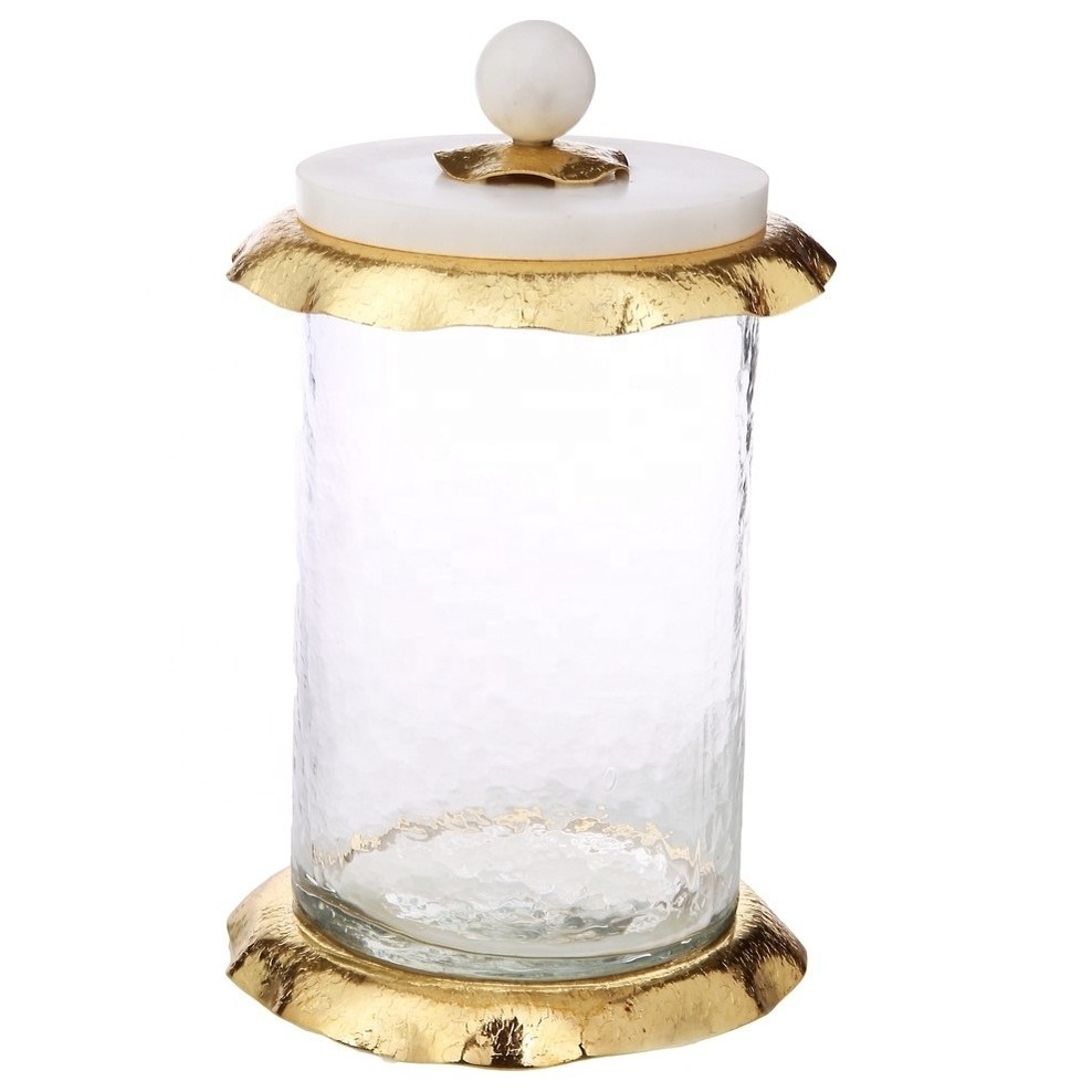 Marble lid metal decorative gold finished canister for cookies