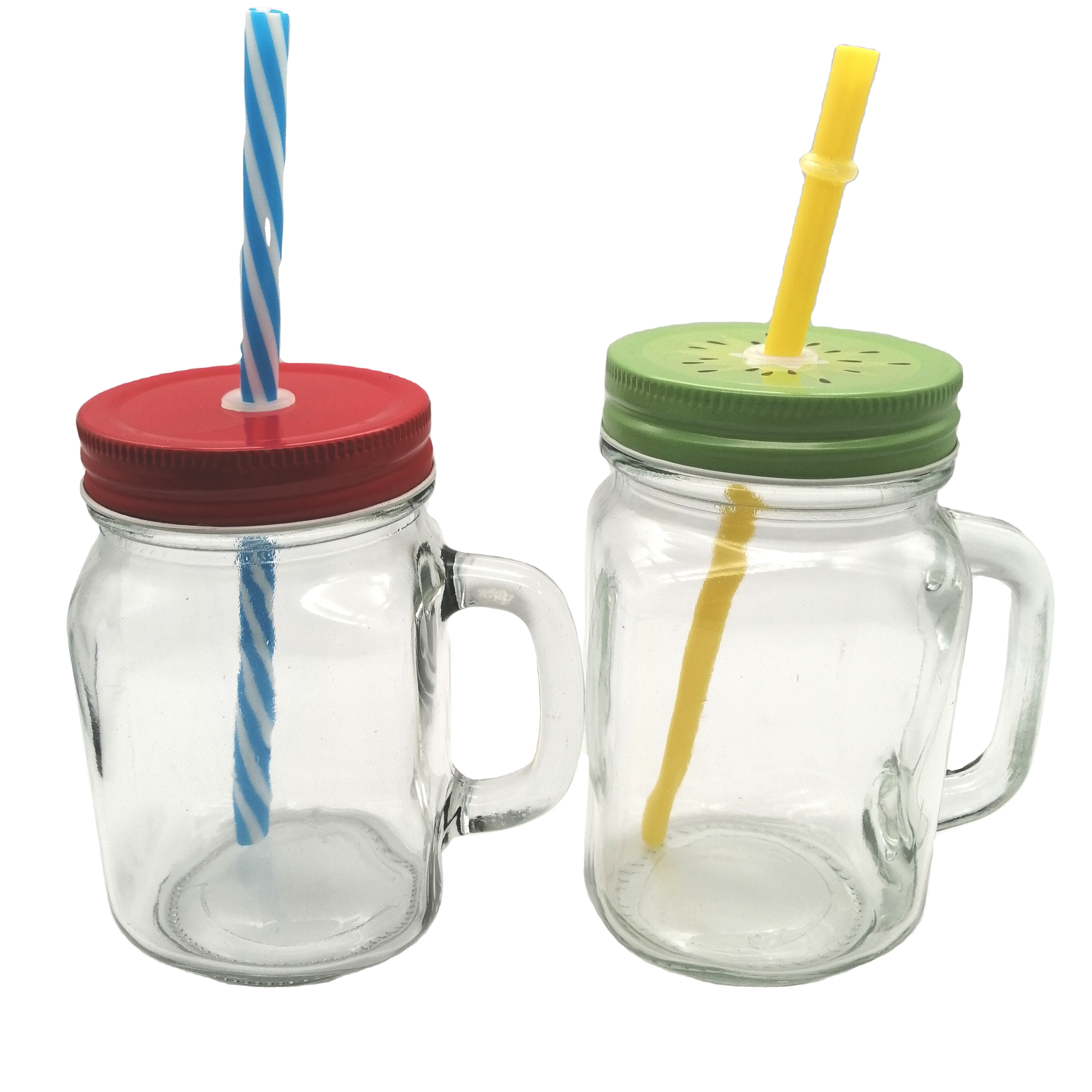 Mason Jar Mugs with Handle, Tin Lid and Plastic Straws - Old Fashion Drinking Glasses