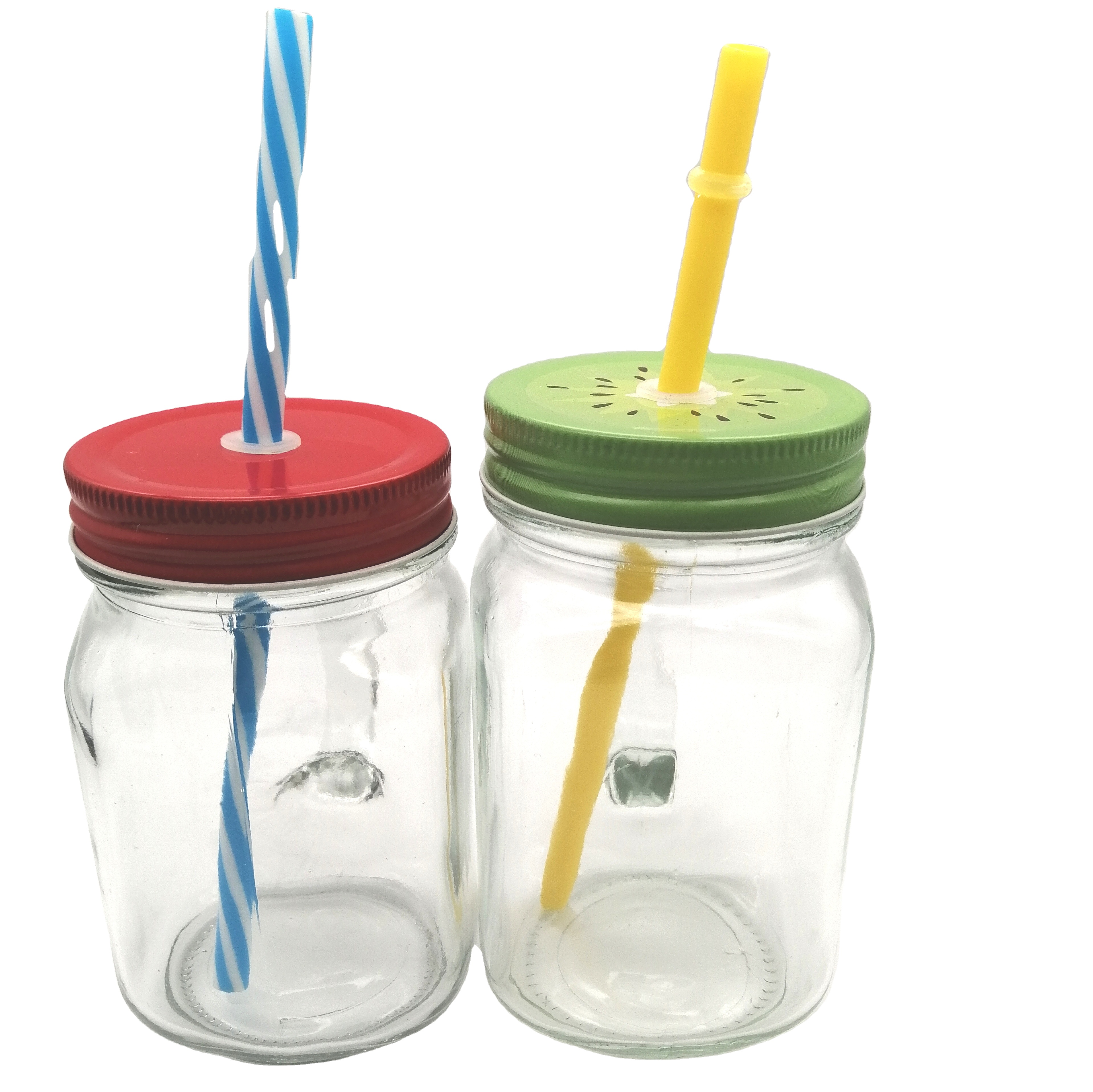 Mason Jar Mugs with Handle, Tin Lid and Plastic Straws - Old Fashion Drinking Glasses