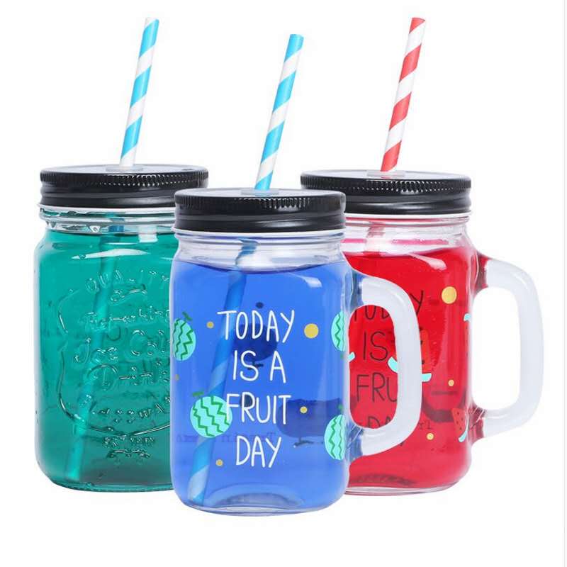Mason Jar Mugs with Handle, Tin Lid and Plastic Straws - Old Fashion Drinking Glasses