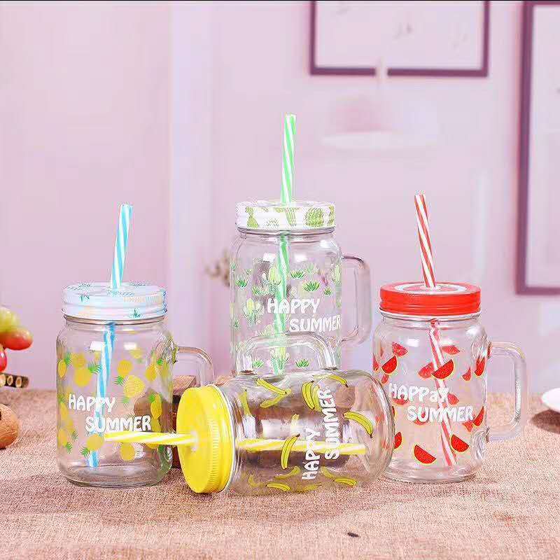 Mason Jar Mugs with Handle, Tin Lid and Plastic Straws - Old Fashion Drinking Glasses