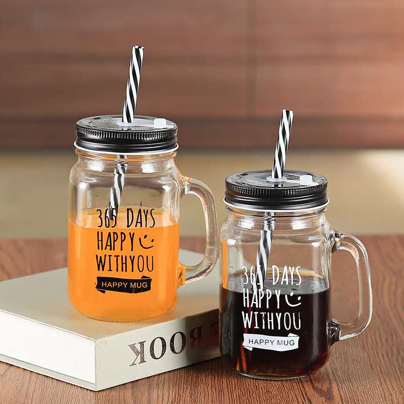 Mason Jar Mugs with Handle, Tin Lid and Plastic Straws - Old Fashion Drinking Glasses