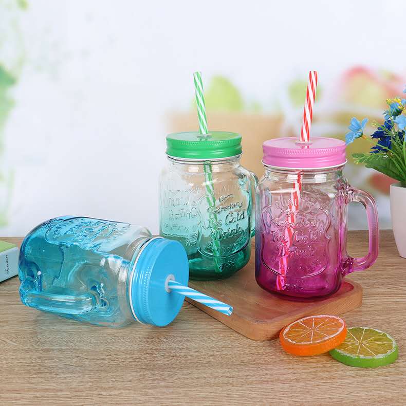 Mason Jar Mugs with Handle, Tin Lid and Plastic Straws - Old Fashion Drinking Glasses