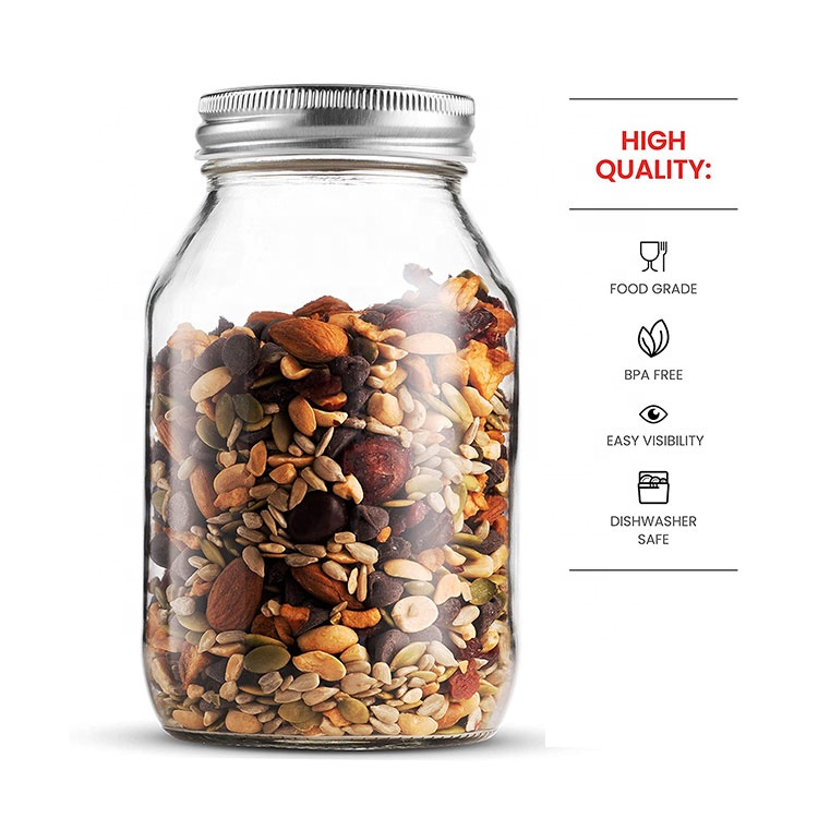 Mason Jars wide mouth clear 32 oz Glass Jars with Silver Metal Lids for Food Storage Canning honey