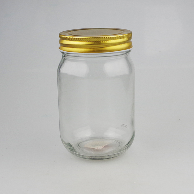Mason jar wholesale Clear 350ml storage glass bottles with golden color mental lid for food container