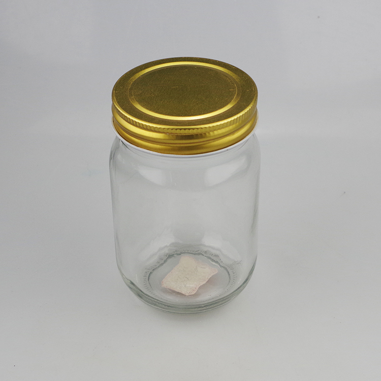 Mason jar wholesale Clear 350ml storage glass bottles with golden color mental lid for food container