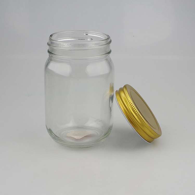 Mason jar wholesale Clear 350ml storage glass bottles with golden color mental lid for food container